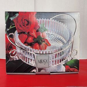 Mikasa Diamond Fire Crystal Hostess Bowl w Silver Caddy Vintage NIB